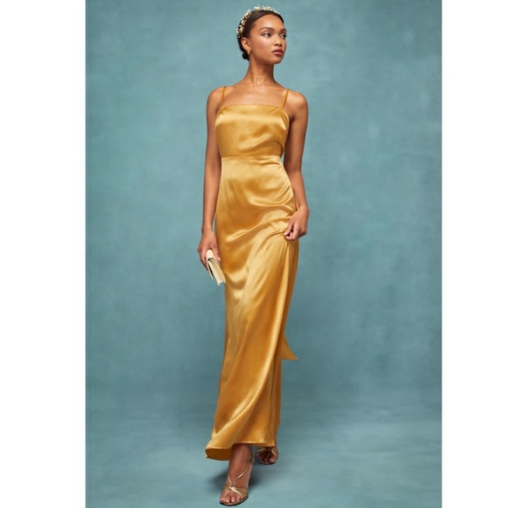 Reformation Gold 100% Silk Long Dress